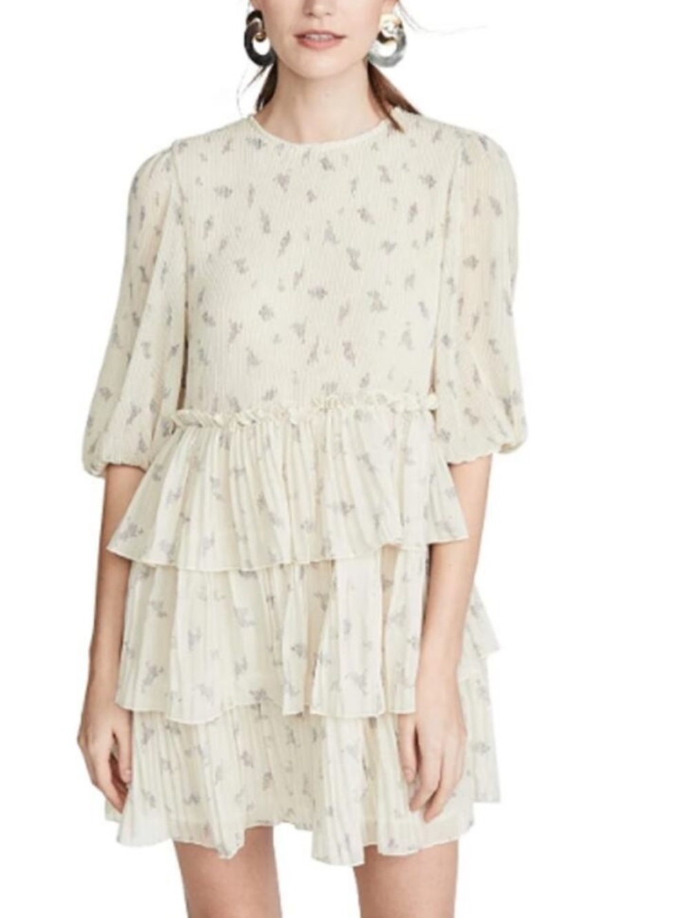 Ganni Pleated Georgette Floral Tiered Mini Dress Cream Lavender 42